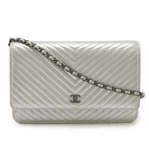 CHANEL Silver Lambskin Leather Pochette Wallet
